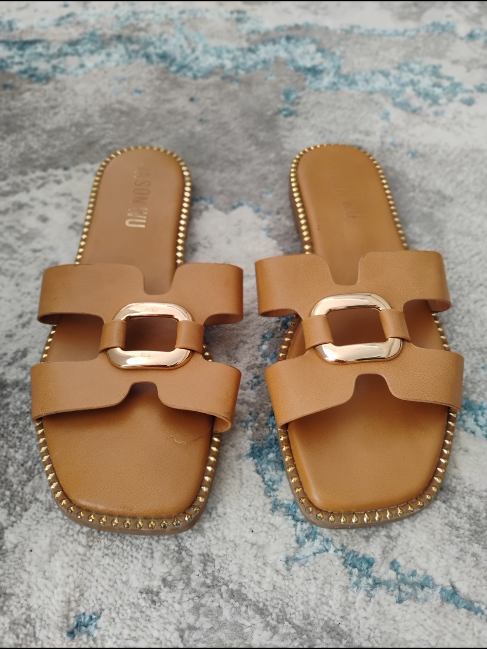 Jason Wu Tan Leather H-Strap Slide Sandals Gold Hardware Sz 9 - Picture 5 of 8